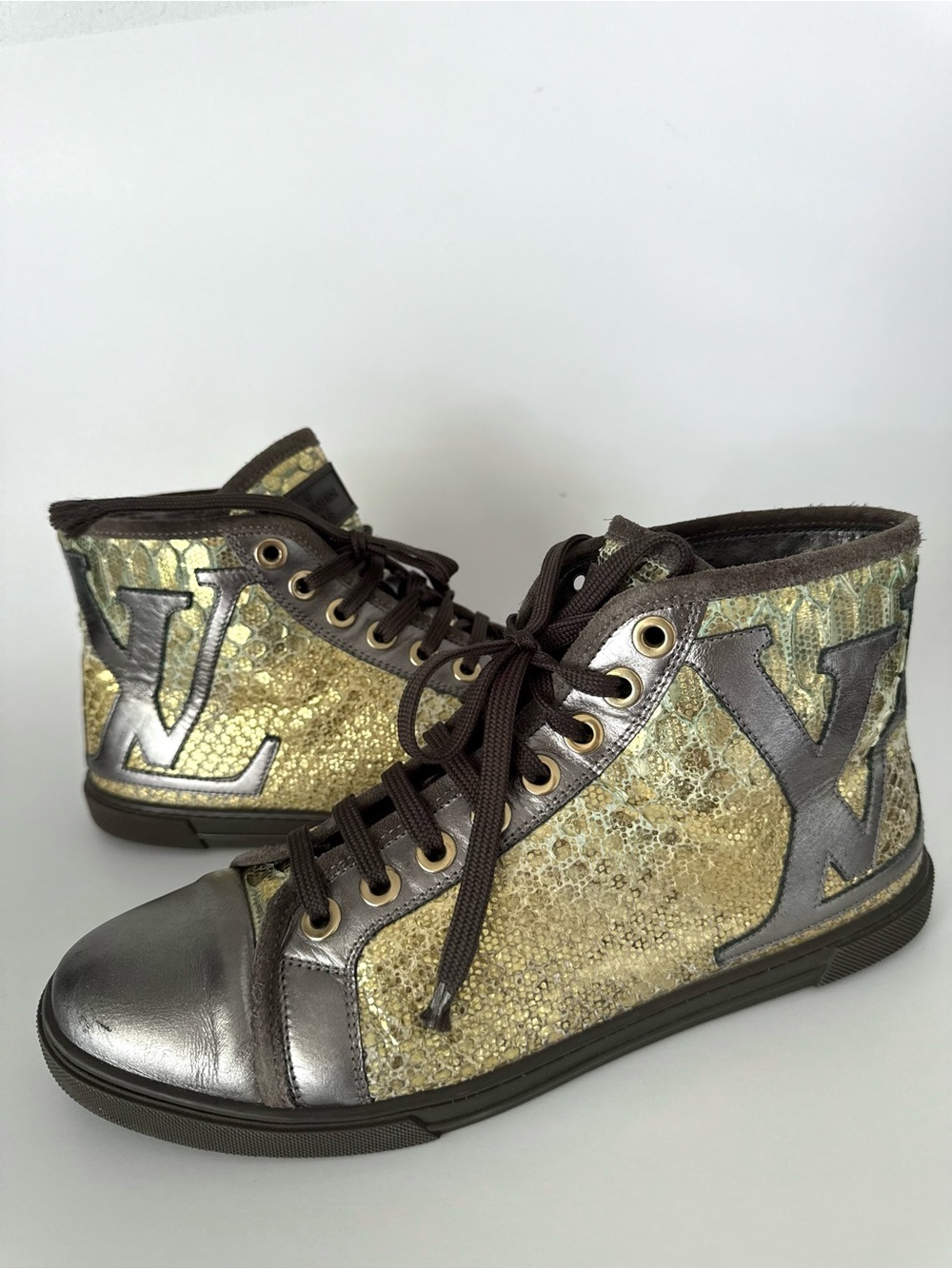Louis Vuitton Logo Gold/Grey Leather and Snakeskin Leather High Top Sneakers